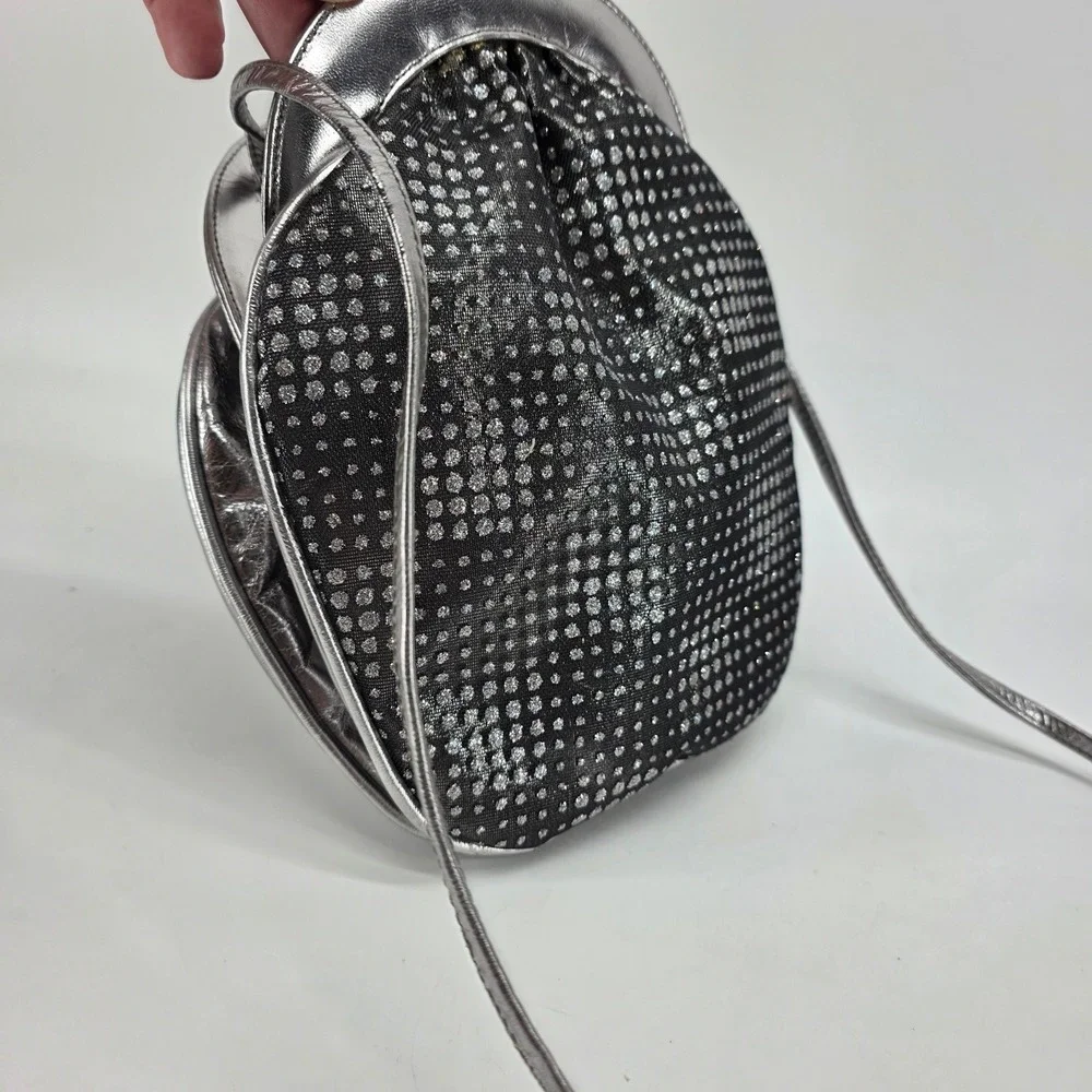 Vintage Stuart Weitzman Evening Bag Black Silver Metallic Polka Dot Retro Disco